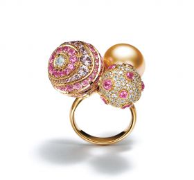 蒂芙尼MASTERPIECES PRISM系列18k玫瑰金戒指镶嵌粉色蓝宝石、钻石和金色南洋珠戒指 戒指