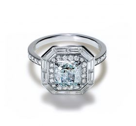 蒂芙尼BLUE BOOK高级珠宝方形改良明亮式切割浓彩绿蓝钻戒指戒指