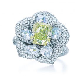 蒂芙尼BLUE BOOK高级珠宝矩形改良明亮式切割浓彩黄绿钻戒指