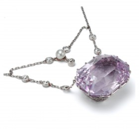蒂芙尼古董珍藏铂金镶嵌钻石、珍珠及紫锂辉石项链项链