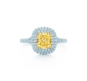 蒂芙尼订婚钻戒铂金镶嵌枕形切割黄钻边镶珠链式钻石订婚钻戒戒指