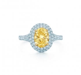 蒂芙尼订婚钻戒铂金镶嵌椭圆形黄钻边镶双层珠链式钻石订婚钻戒戒指