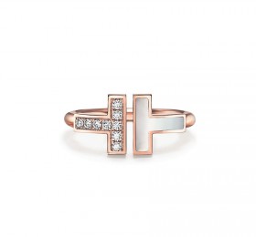 蒂芙尼TIFFANY T 18K 玫瑰金镶嵌珍珠母贝和钻石方形戒指 戒指