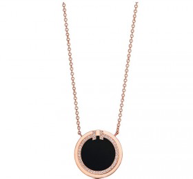 蒂芙尼TIFFANY T 18K 玫瑰金镶嵌黑色缟玛瑙和钻石T Two圈形项链项链