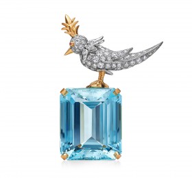蒂芙尼SCHLUMBERGER™高级珠宝黄金及铂金镶嵌海蓝宝、钻石和粉红色蓝宝石“石上鸟”胸针胸针
