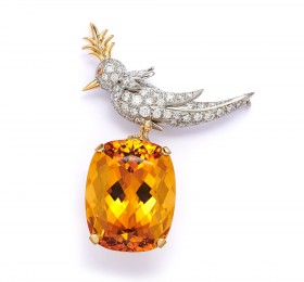 蒂芙尼SCHLUMBERGER™高级珠宝黄金及铂金镶嵌黄水晶、钻石和粉红色蓝宝石石上鸟胸针胸针