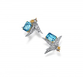 蒂芙尼SCHLUMBERGER™高级珠宝铂金及18K黄金镶嵌海蓝宝石，钻石及粉色蓝宝石”石上鸟”耳环耳饰