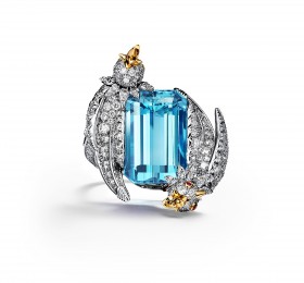蒂芙尼SCHLUMBERGER™高级珠宝铂金及18K黄金镶嵌海蓝宝石，钻石及粉色蓝宝石”石上鸟”戒指戒指
