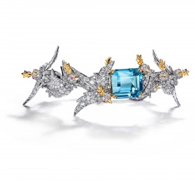蒂芙尼SCHLUMBERGER™高级珠宝铂金及18K黄金镶嵌海蓝宝石，钻石及粉色蓝宝石”石上鸟”手镯手镯