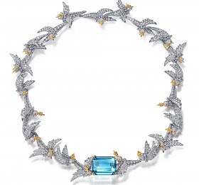 蒂芙尼SCHLUMBERGER™高级珠宝铂金及18K黄金镶嵌海蓝宝石，钻石及粉色蓝宝石”石上鸟”项链项链