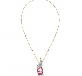 蒂芙尼SCHLUMBERGER™高级珠宝18K黄金及铂金镶嵌摩根石，钻石及粉色蓝宝石“石上鸟”吊坠吊坠