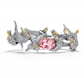 蒂芙尼SCHLUMBERGER™高级珠宝18K黄金及铂金镶嵌摩根石，钻石及粉色蓝宝石“石上鸟”手镯手镯