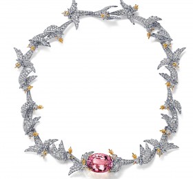 蒂芙尼SCHLUMBERGER™高级珠宝18K黄金及铂金镶嵌摩根石，钻石及粉色蓝宝石“石上鸟”项链项链