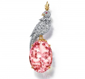蒂芙尼SCHLUMBERGER™高级珠宝18K黄金及铂金镶嵌摩根石，钻石及粉色蓝宝石“石上鸟”胸针胸针