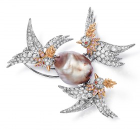 蒂芙尼史隆伯杰系列18K玫瑰金及铂金镶嵌浅橙棕色与白色巴洛克天然野生珍珠，彩粉钻，钻石及红宝石胸针胸针
