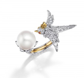 蒂芙尼史隆伯杰系列18K黄金及铂金镶嵌白色纽扣形天然野生珍珠，钻石及红宝石戒指戒指
