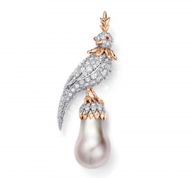 蒂芙尼史隆伯杰系列18K玫瑰金及铂金镶嵌浅灰色水滴形天然野生珍珠，香槟色钻石，钻石及红宝石胸针胸针