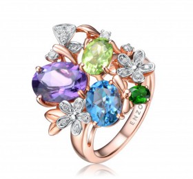 ENZO彩宝系列RAINBOW 彩虹系列18K金镶托帕石透辉石紫晶橄榄石及钻石戒指戒指