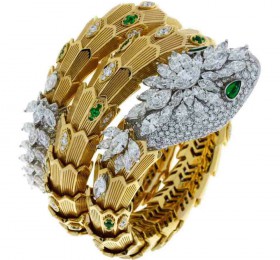 宝格丽SERPENTI SERPENTI高级珠宝系列白金及黄金镶祖母绿钻石手镯手镯