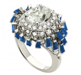 宝格丽铂金镶嵌蓝宝石密镶钻石戒指戒指