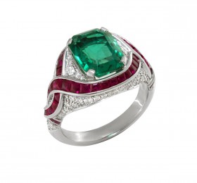 宝格丽铂金镶祖母绿红宝石钻石戒指戒指