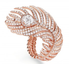 宝诗龙动物系列孔雀羽毛系列玫瑰金镶钻戒指，大型款戒指